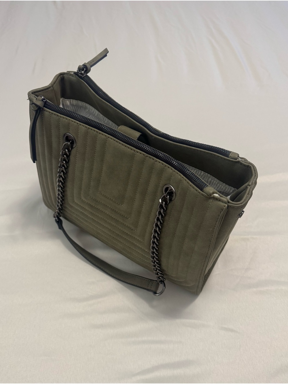Buckle Quilted Olive Green Faux Suede Shoulder Tote Bag Gunmetal Chain Strap